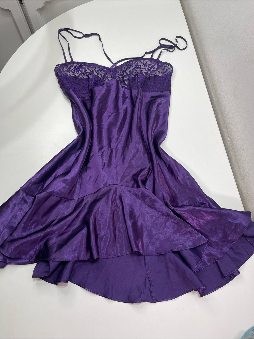 Purple Chemise Nightie Satin Slip Dress Sheer Lace Pinup Women's M Whimsigoth